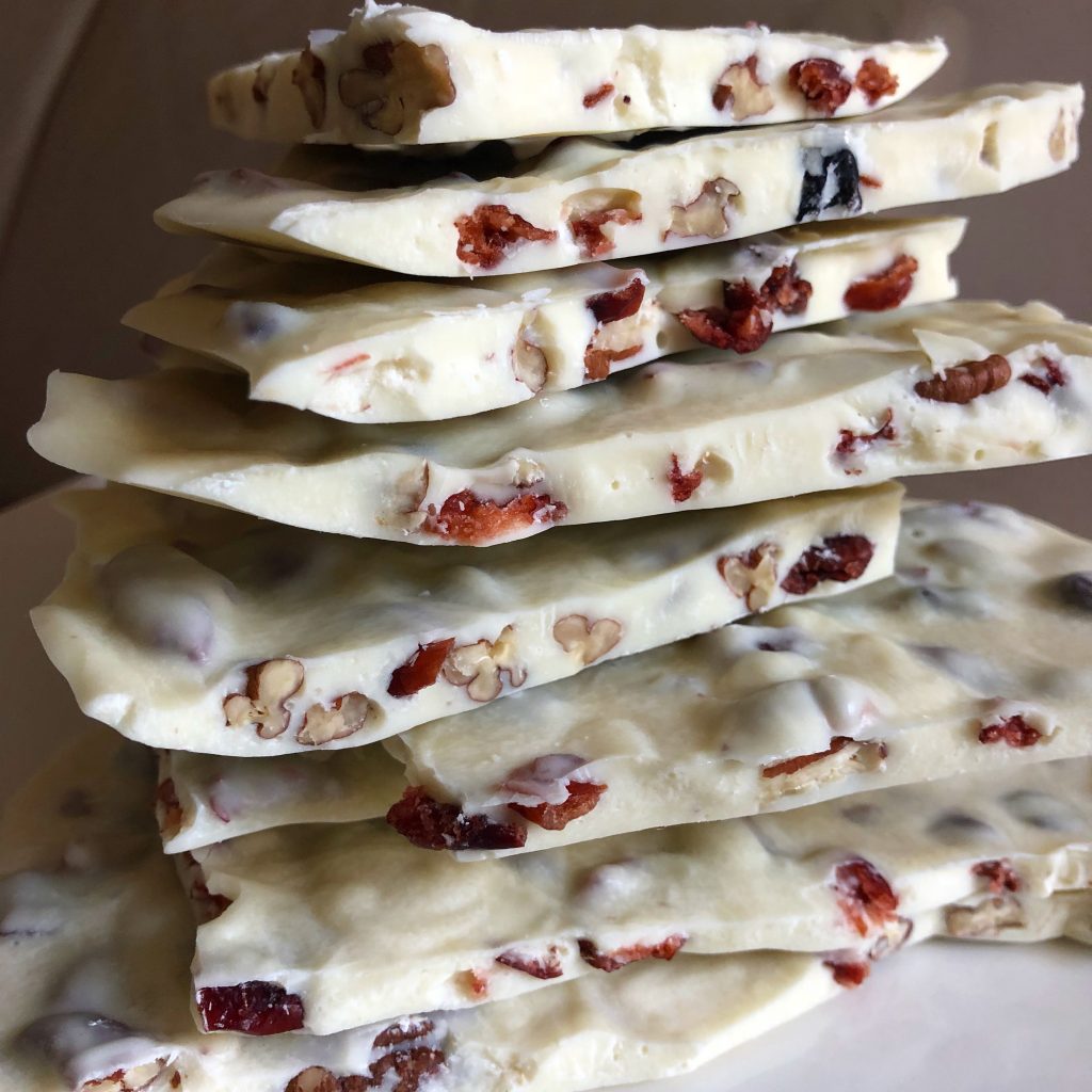 Cranberry and Pecan White chocolate bark